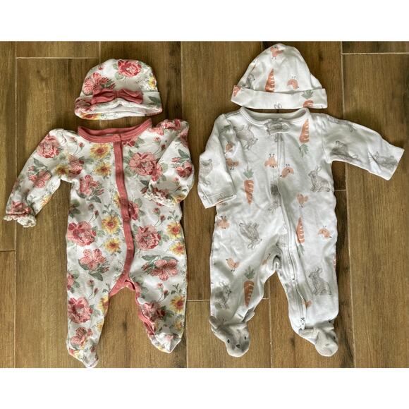 Infant Girl Footie Pajamas 0-3 Months With Matching Hats - Picture 1 of 6